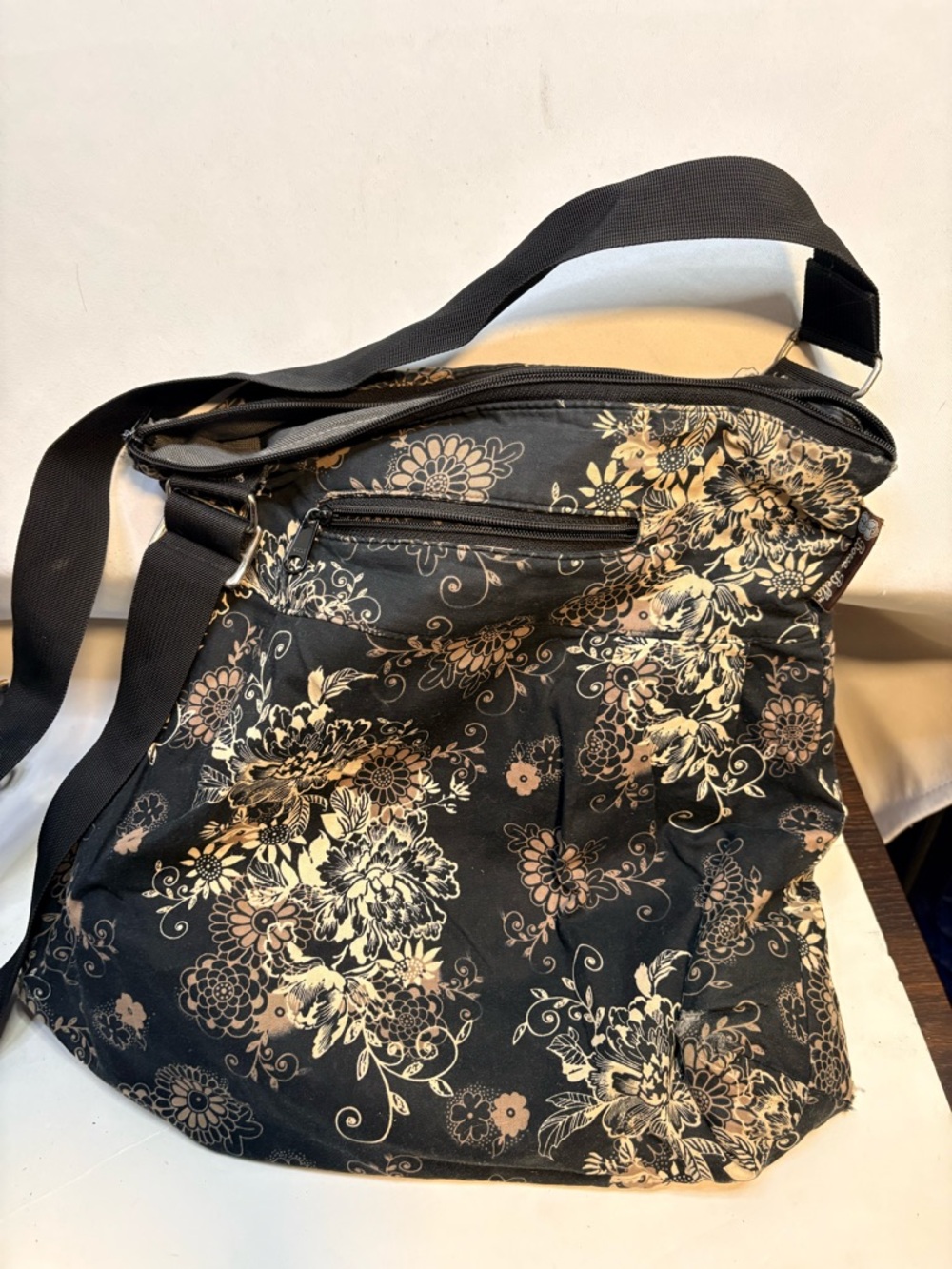 Black Floral Crossbody Bag with Beige Flower Print by Borsa Bella
